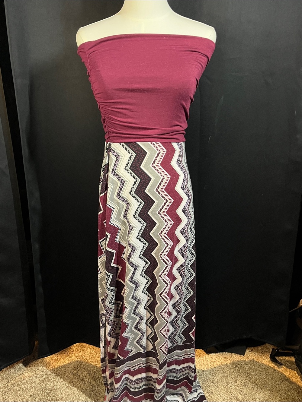 Vanity Off-Shoulder Maroon & Chevron Maxi Skirt Dress